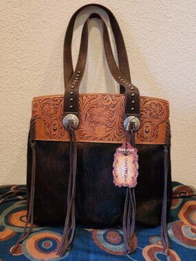 NWT Trinity Ranch Western Cowhide Tooled Leather Tote, Coffee, 14”x5”x12”